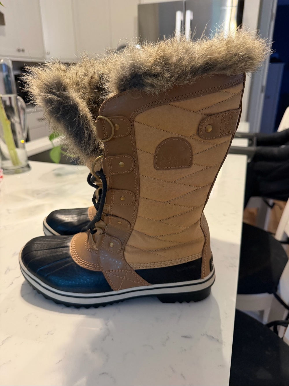 Sorel Tan and Black Faux Fur Lace-Up Winter Boots